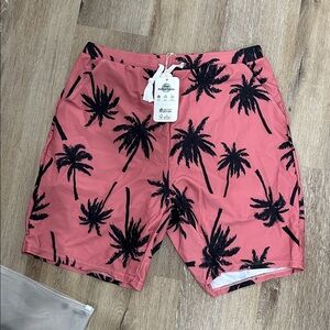 PatPat Coral Swim Shorts with Black Palm Print